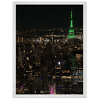 Premium wood-mounted framed poster of NYC downtown night view with Empire State Building, 15x20cm print, white frame, Travel Collection.