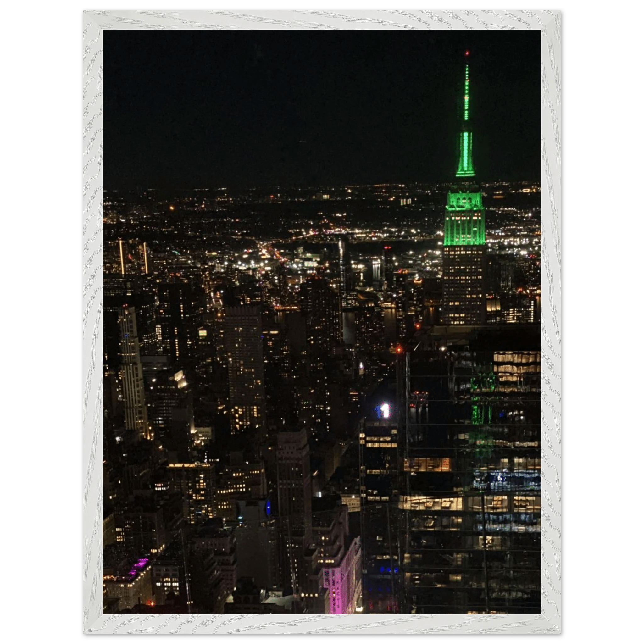 Premium wood-mounted framed poster of NYC downtown night view with Empire State Building, 15x20cm print, white frame, Travel Collection.