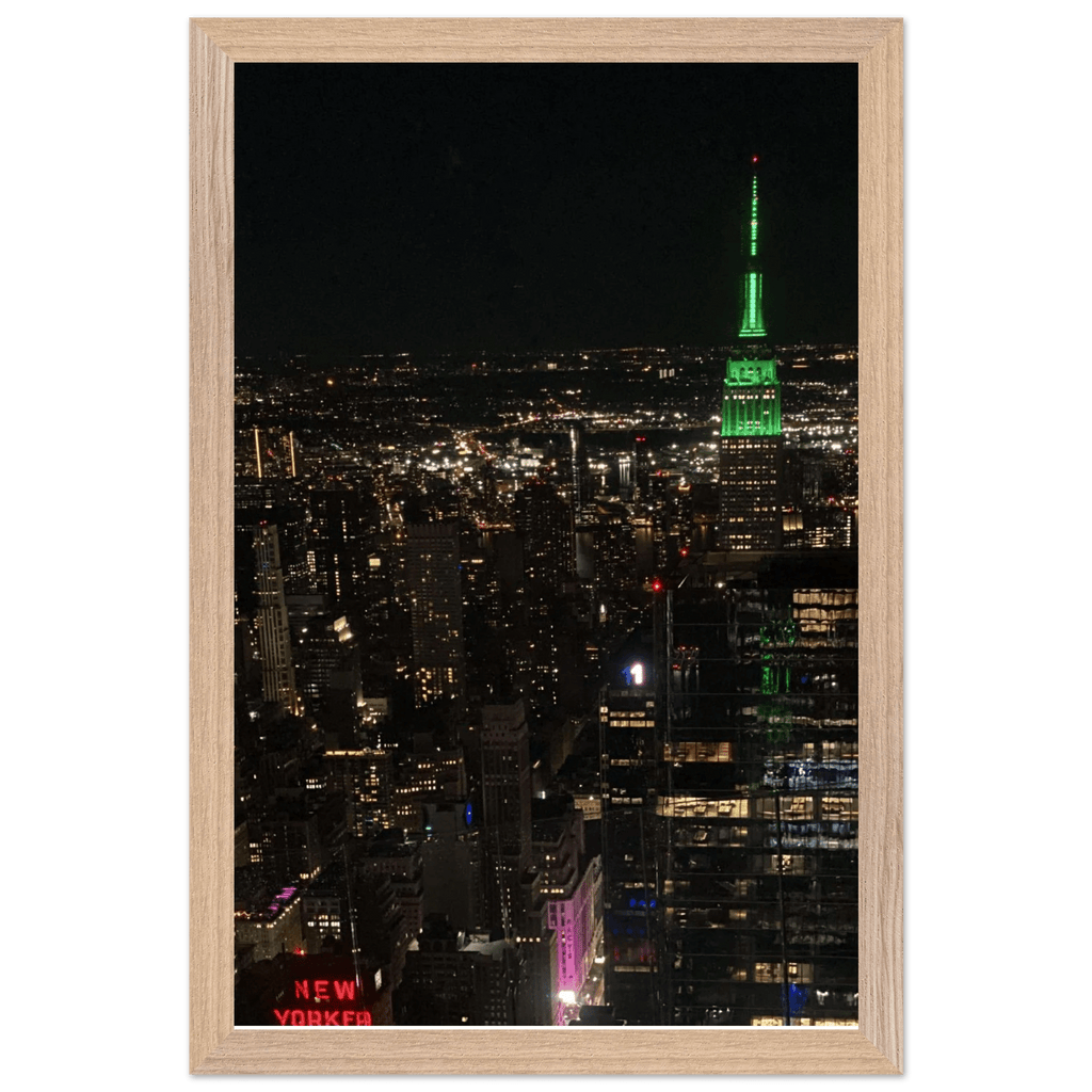 Premium wood-mounted framed poster of NYC downtown night view with Empire State Building, part of the Travel Collection studio edition.
