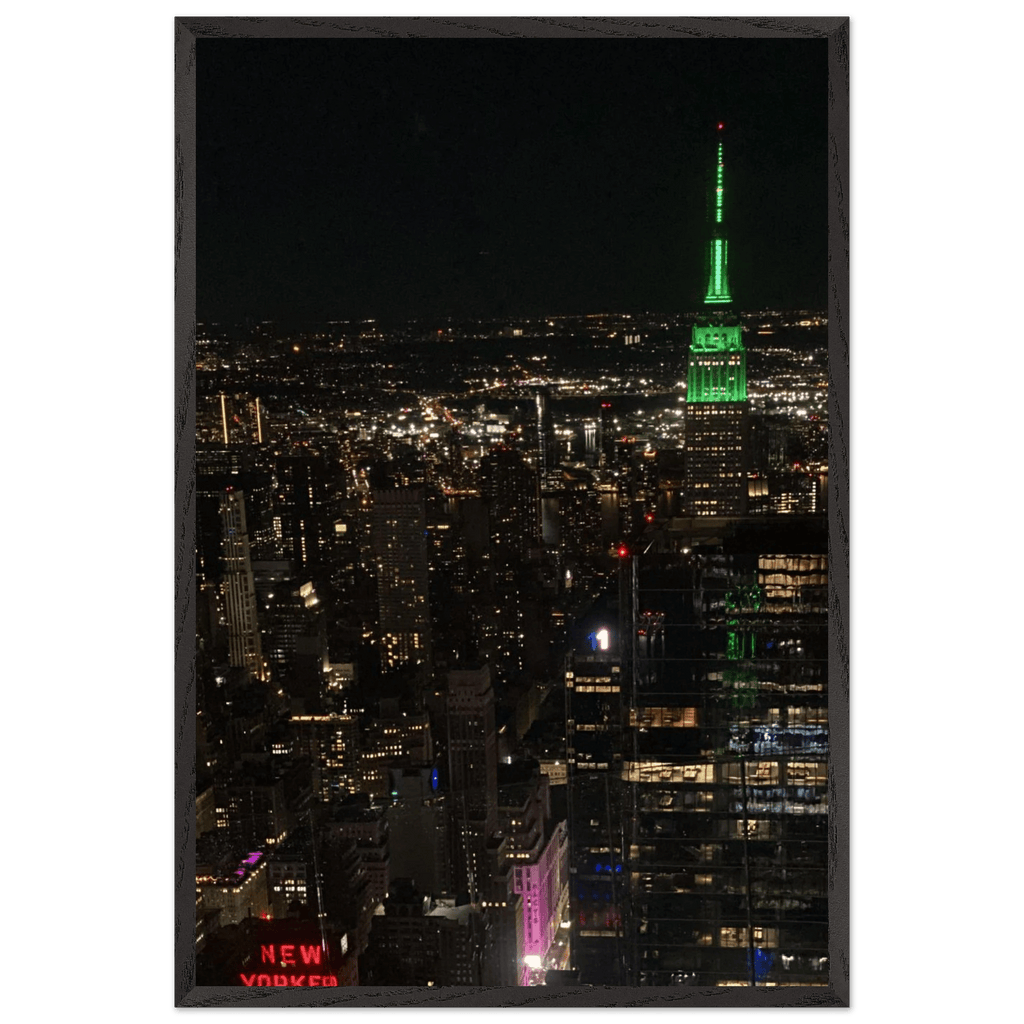 Wood-mounted framed poster of NYC downtown night view with Empire State Building, part of the Travel Collection by My Store.