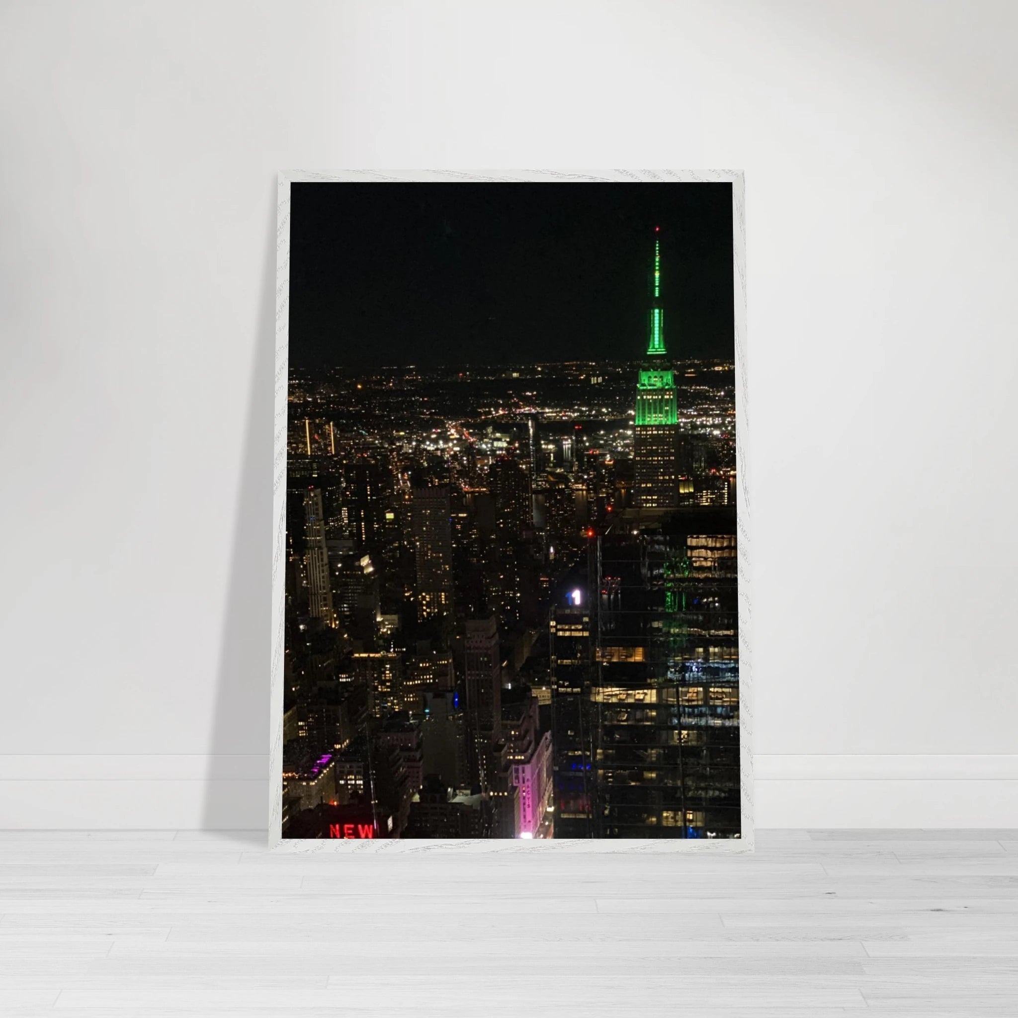 Premium wood-mounted framed poster of NYC downtown night view with Empire State Building, from the Studio Edition Travel Collection.