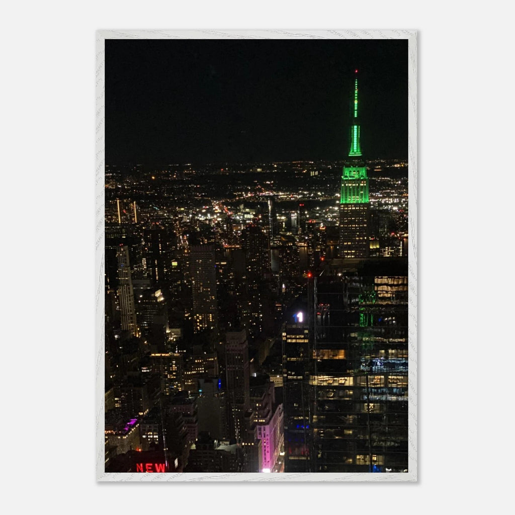 Wood-mounted framed poster of NYC downtown night view with Empire State Building, part of the Travel Collection studio edition.