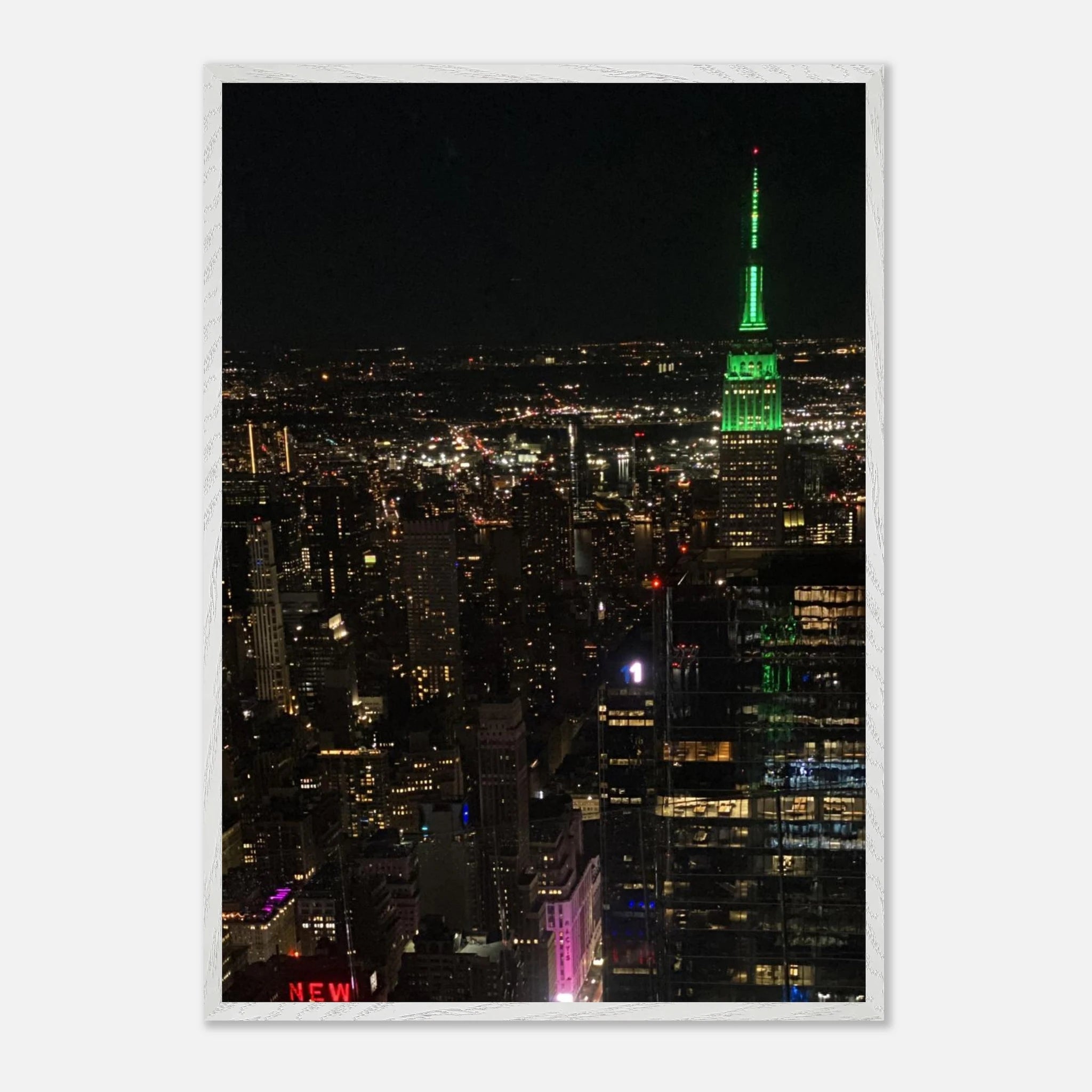 Wood-mounted framed poster of NYC downtown night view with Empire State Building, part of the Travel Collection studio edition.
