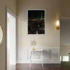 Premium wood-mounted framed poster of NYC Downtown Night View with Empire State Building, 15x20 cm print in white frame.