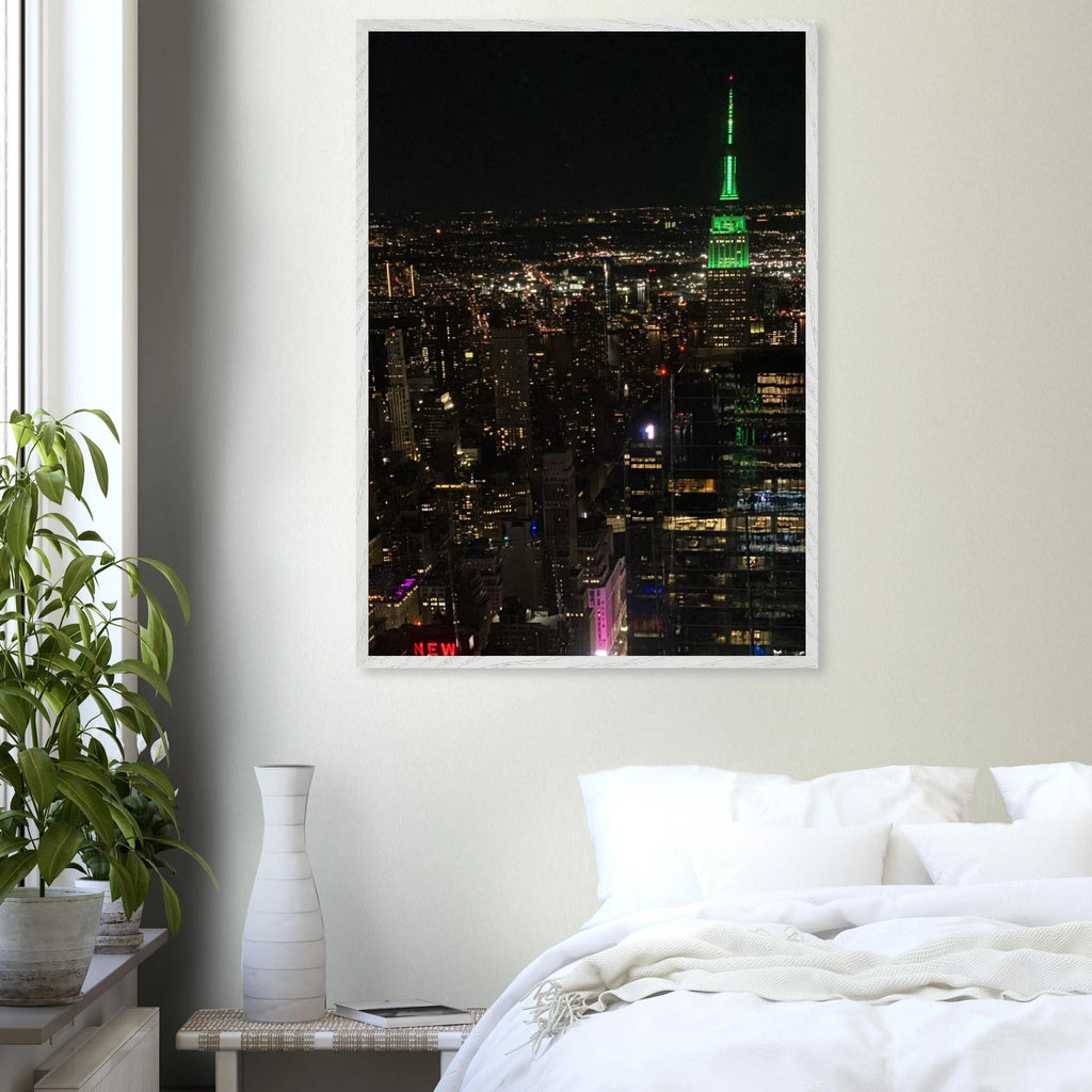 Wood-mounted framed poster of NYC downtown night view with Empire State Building, part of the Travel Collection by My Store.