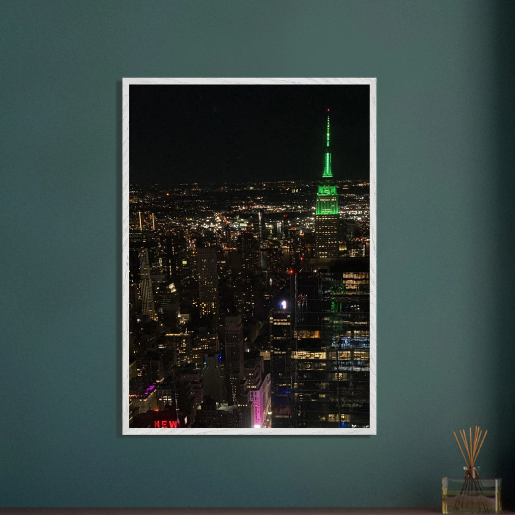 Premium wood-mounted framed poster of NYC downtown night view with Empire State Building, part of the Travel Collection studio edition.