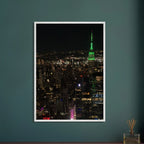 Premium wood-mounted framed poster of NYC downtown night view with Empire State Building, part of the Travel Collection studio edition.