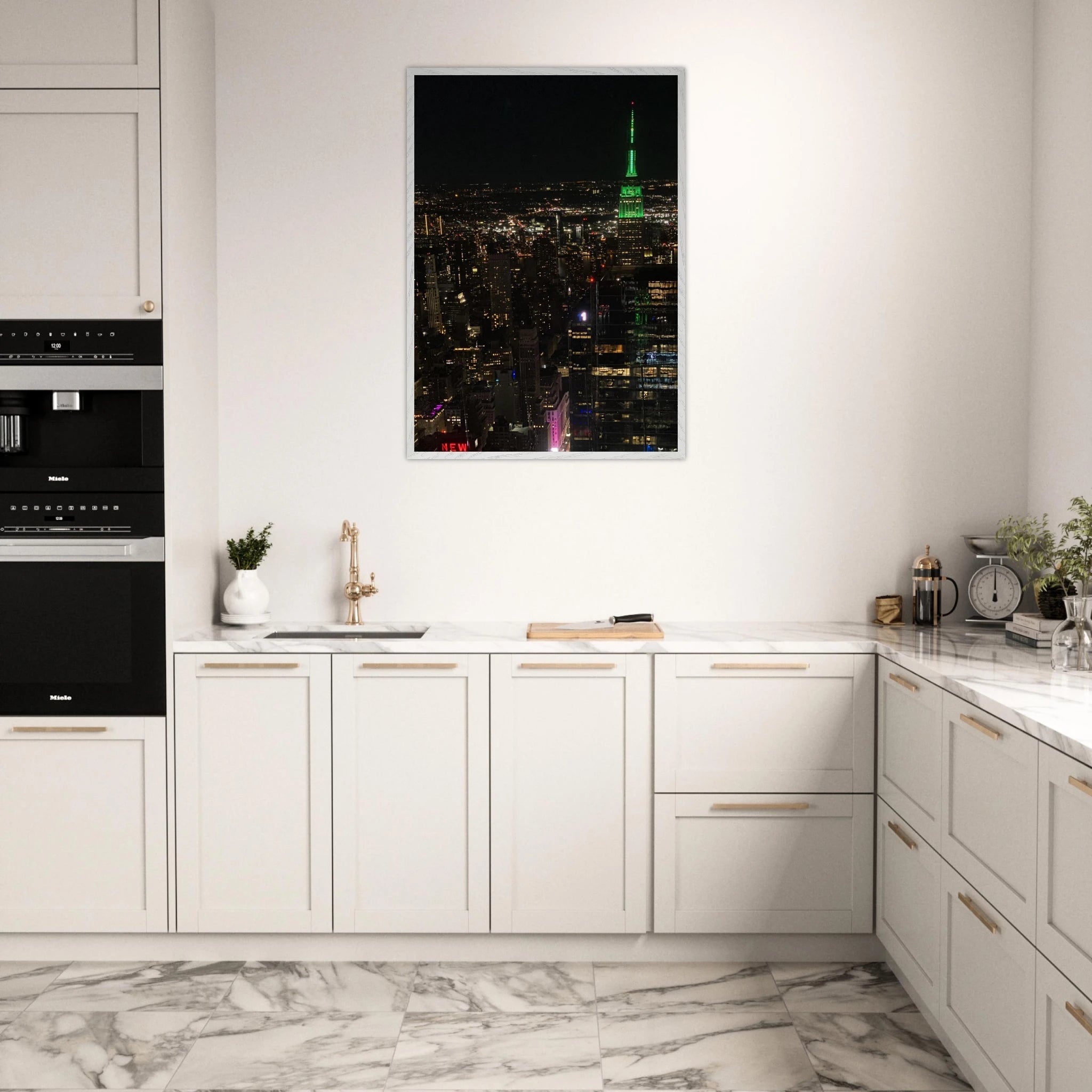 Wood-mounted framed print of NYC downtown night view with Empire State Building, part of the Travel Collection, Studio Edition.