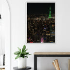 Premium wood-mounted framed poster of NYC downtown night view with Empire State Building in the Travel Collection, Studio Edition.