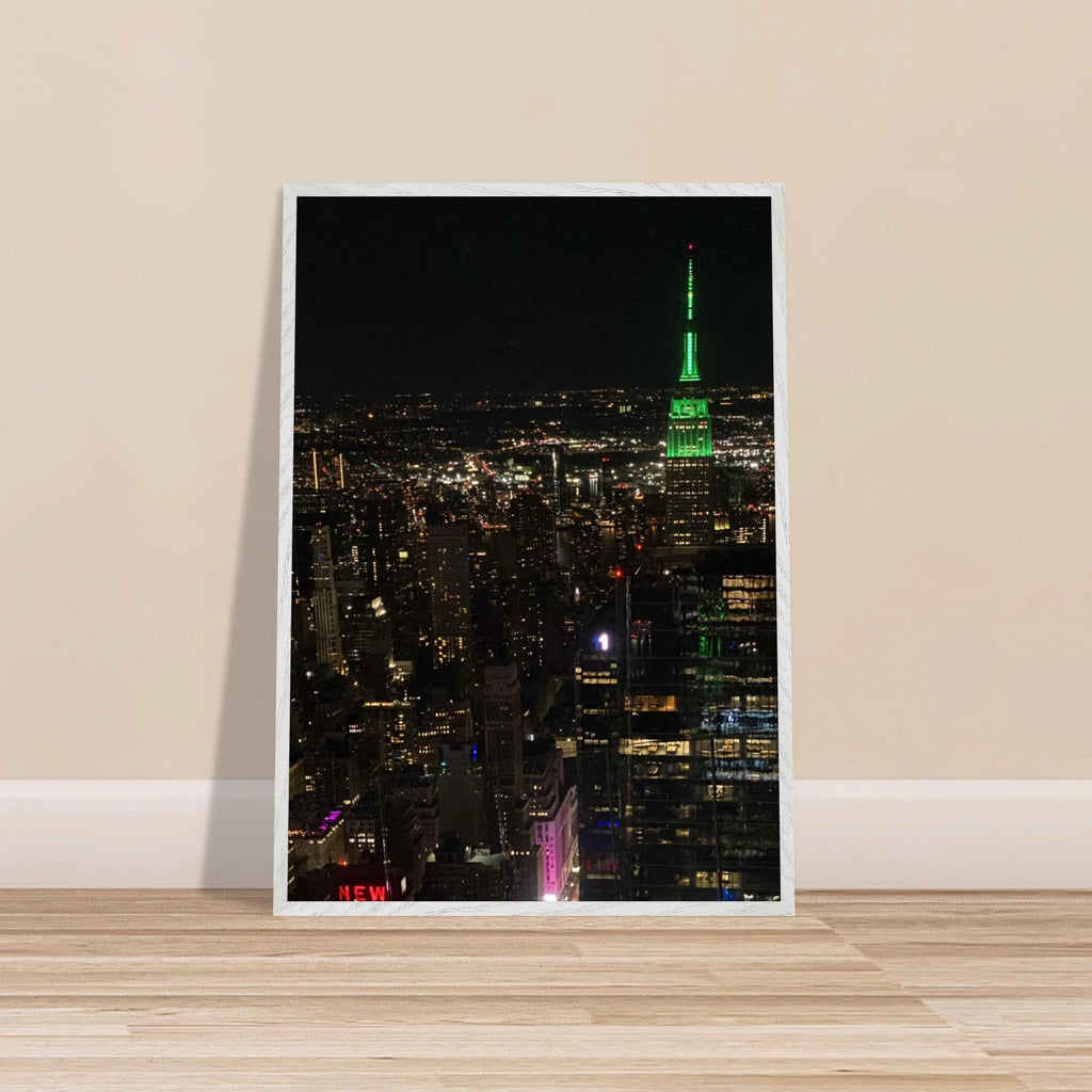 Premium wood-mounted framed poster of NYC downtown night view with Empire State Building, 15x20 cm print, white frame, Studio Edition.