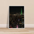 Premium wood-mounted framed poster of NYC downtown night view with Empire State Building, 15x20 cm print, white frame, Studio Edition.