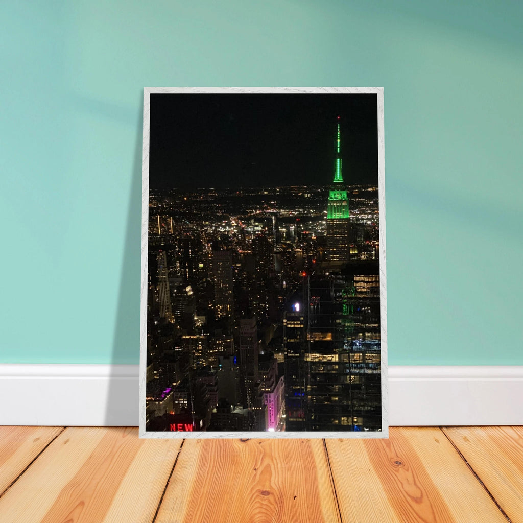 Premium wood-mounted framed poster of NYC Downtown night view with Empire State Building, part of the Travel Collection, Studio Edition.
