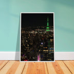 Premium wood-mounted framed poster of NYC Downtown night view with Empire State Building, part of the Travel Collection, Studio Edition.