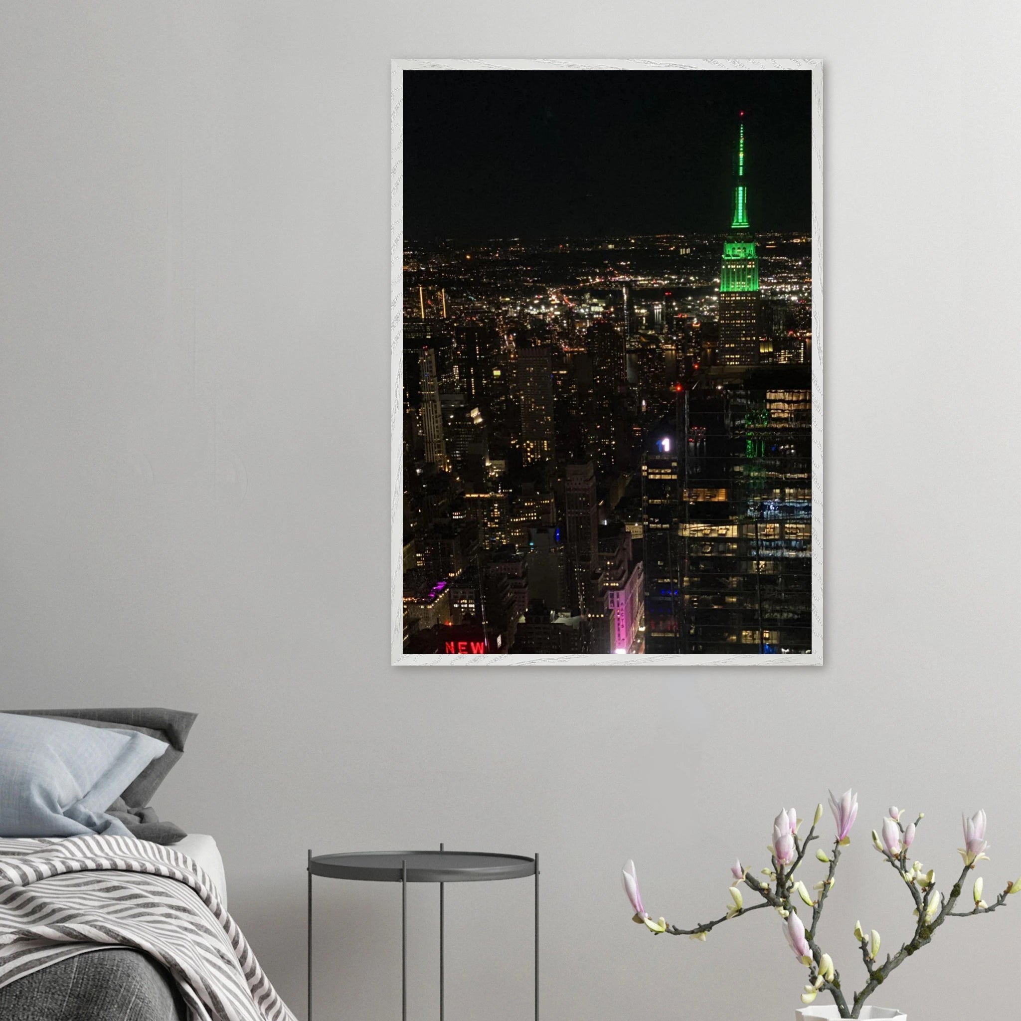 Wood-mounted framed poster of NYC downtown night view with Empire State Building, part of the Travel Collection studio edition.