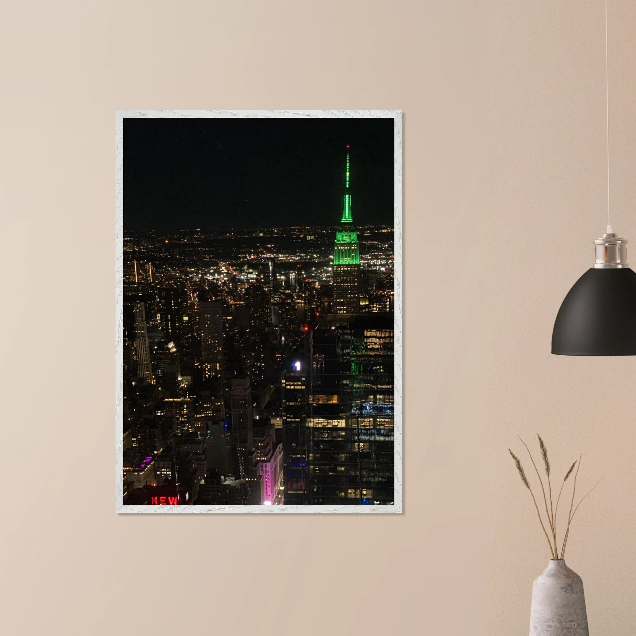 Premium wood-mounted framed poster of NYC Downtown night view with Empire State Building, part of the Studio Edition Travel Collection.