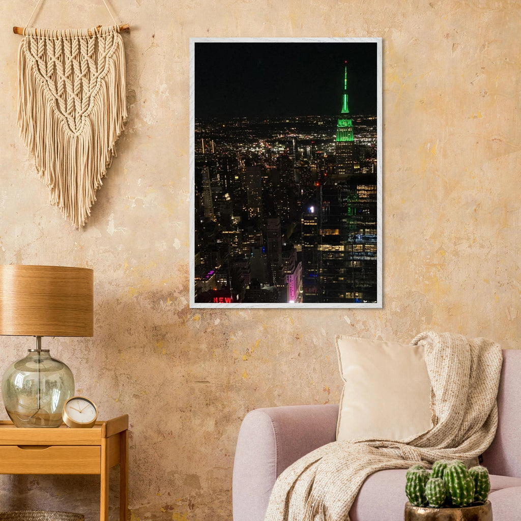 Premium wood-mounted framed poster of NYC Downtown night view with Empire State Building, part of the Travel Collection, Studio Edition.