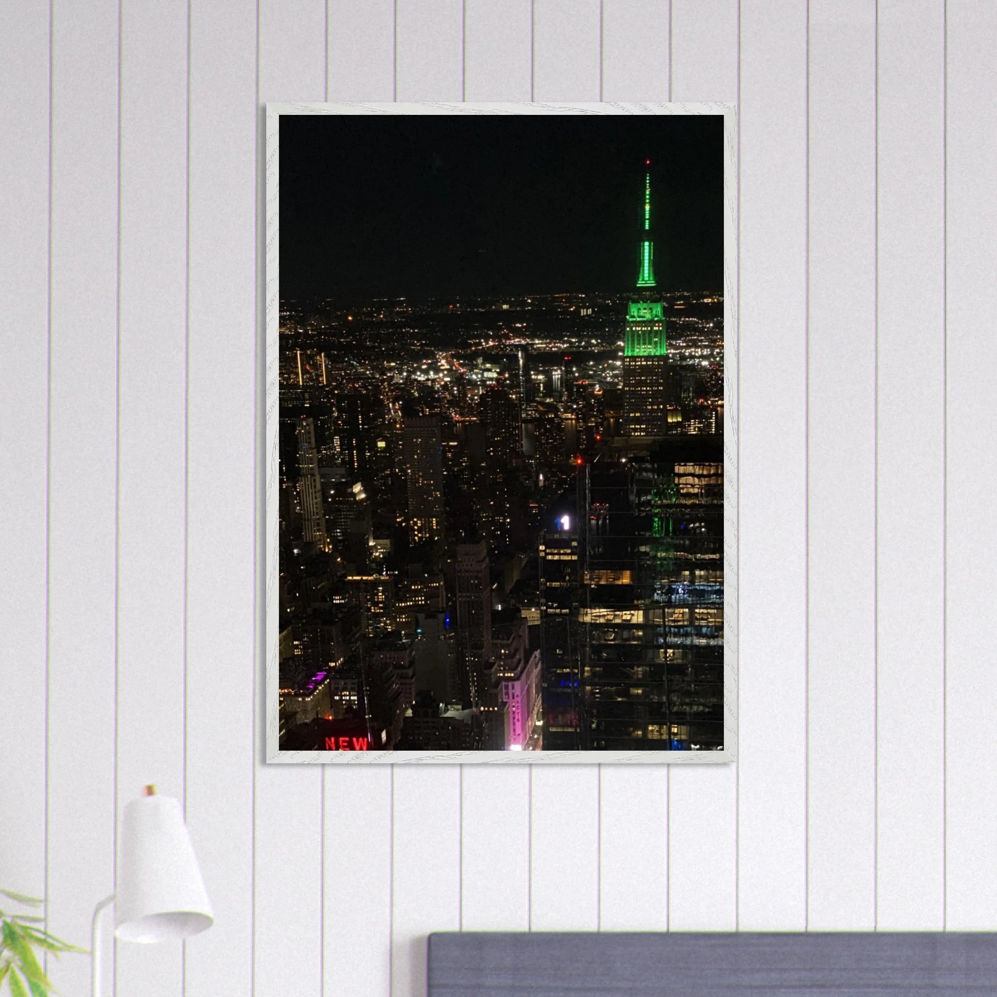 Wood-mounted framed poster of NYC downtown night view with Empire State Building, part of the Travel Collection, Studio Edition.