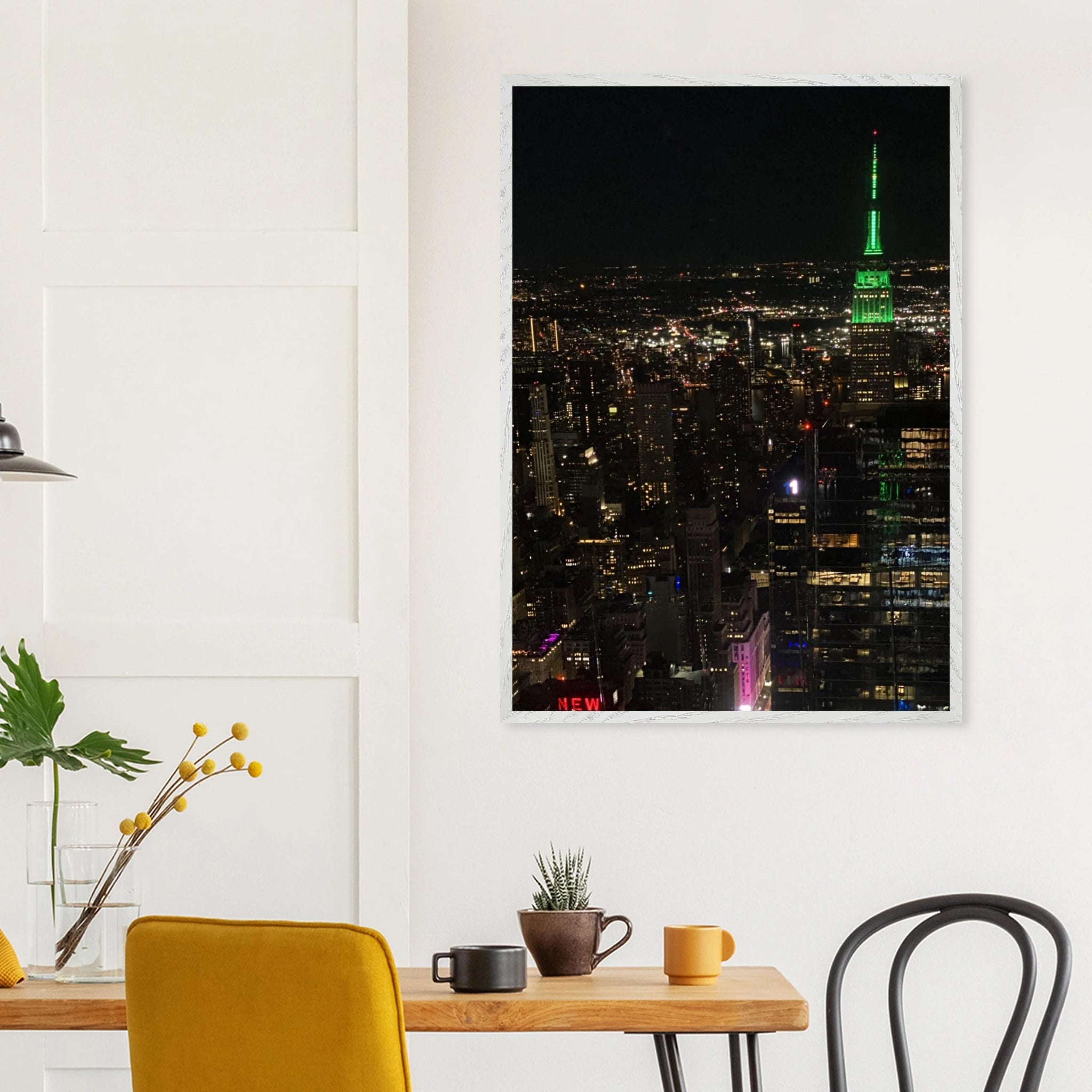 Premium wood-mounted framed poster of NYC downtown night view with Empire State Building, part of Travel Collection, Studio Edition.