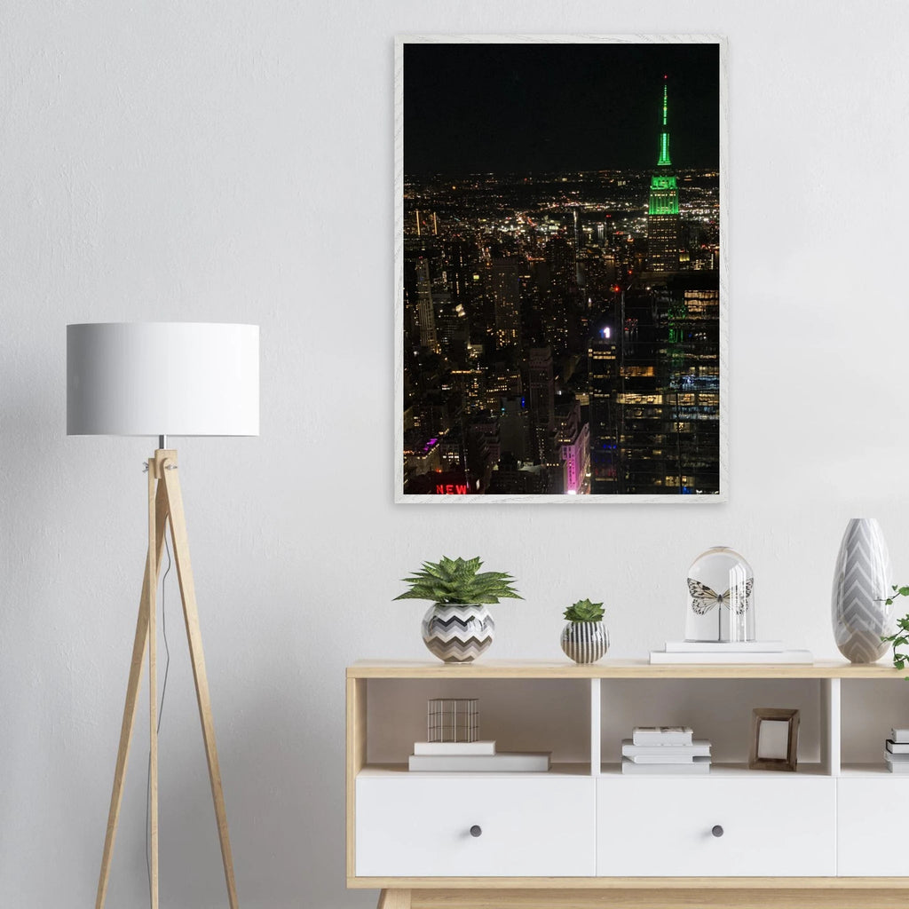 Wood mounted framed poster of NYC downtown night view with Empire State Building, part of the Travel Collection Studio Edition.