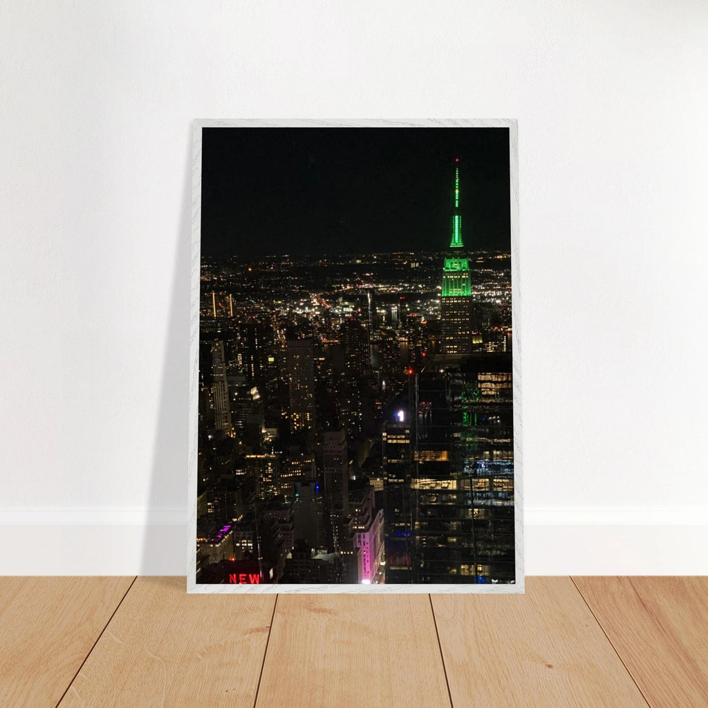 Wood-mounted framed poster of NYC downtown night view featuring the Empire State Building, part of the Travel Collection studio edition.
