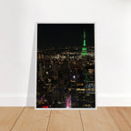 Wood-mounted framed poster of NYC downtown night view featuring the Empire State Building, part of the Travel Collection studio edition.