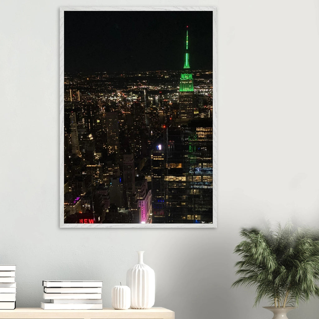 Premium wood-mounted framed poster of NYC downtown night view with Empire State Building, 15x20 cm print in white frame.