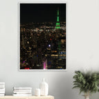 Premium wood-mounted framed poster of NYC downtown night view with Empire State Building, 15x20 cm print in white frame.