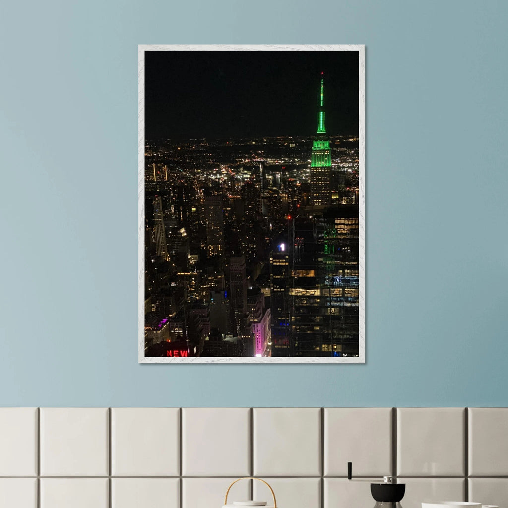 Premium wood-mounted framed poster of NYC downtown night view with Empire State Building, part of the Travel Collection studio edition.