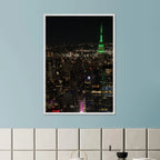 Premium wood-mounted framed poster of NYC downtown night view with Empire State Building, part of the Travel Collection studio edition.