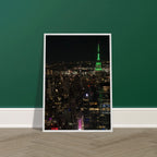 Wood-mounted framed poster of NYC downtown night view with Empire State Building, part of the Travel Collection studio edition.