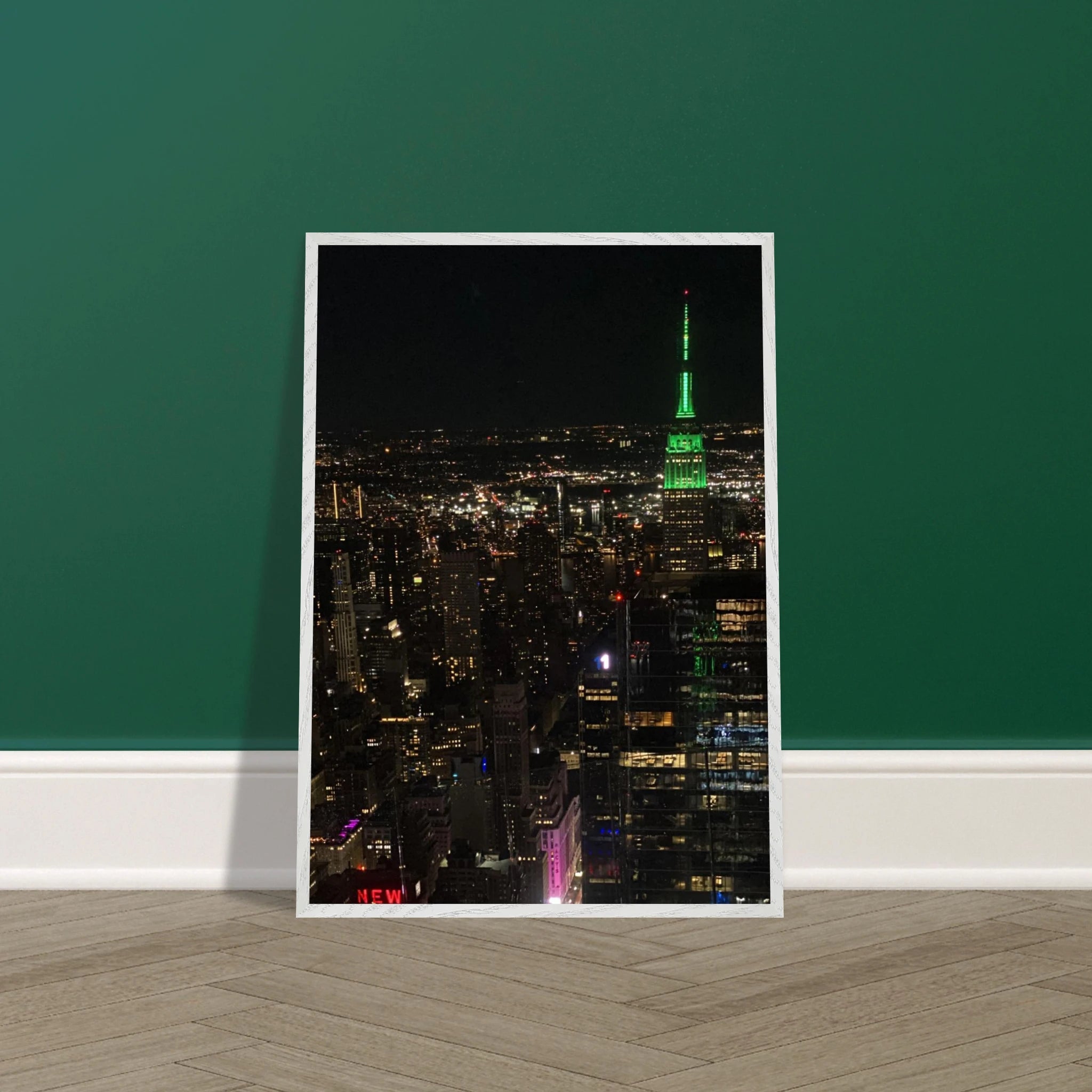 Wood-mounted framed poster of NYC downtown night view with Empire State Building, part of the Travel Collection studio edition.