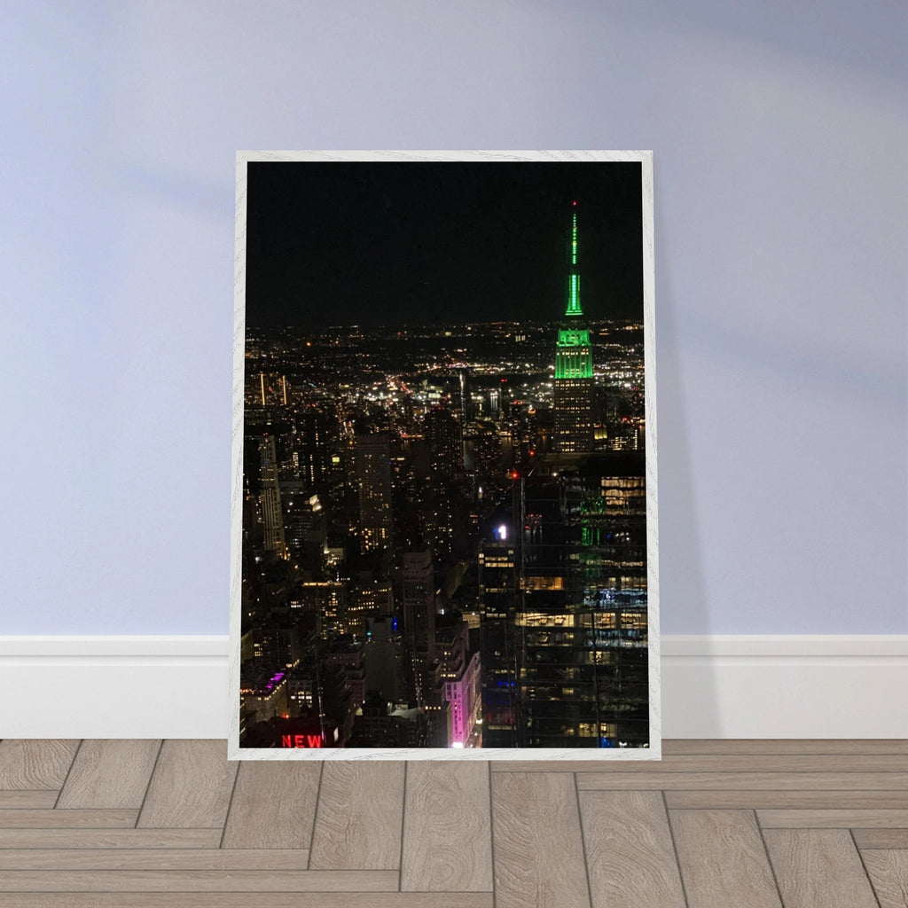 Premium wood-mounted framed poster of NYC downtown night view with Empire State Building, part of the Travel Collection studio edition.