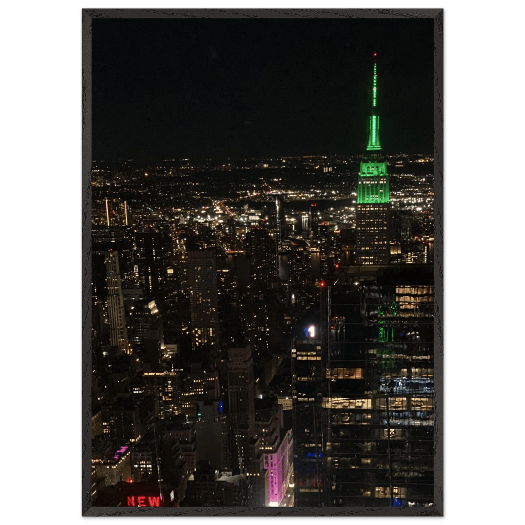 Wood-mounted framed poster of NYC downtown night view with Empire State Building, part of the Travel Collection, Studio Edition.