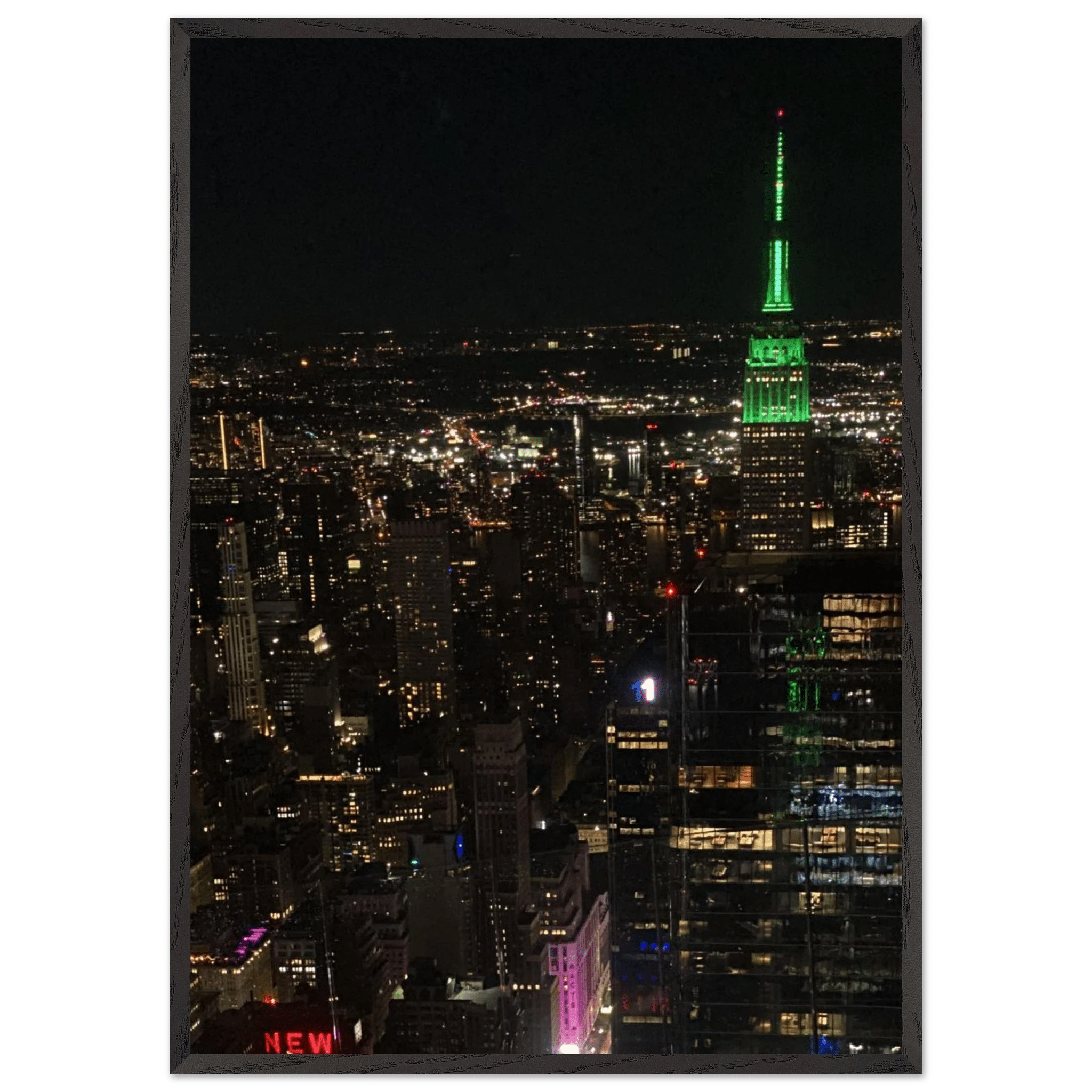 Wood-mounted framed poster of NYC downtown night view with Empire State Building, part of the Travel Collection, Studio Edition.