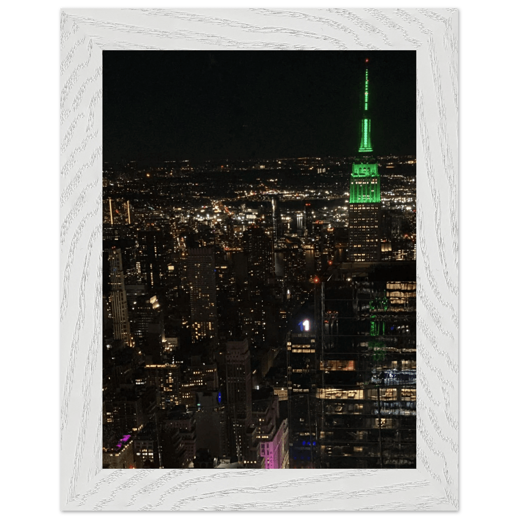 Wood-mounted framed poster of NYC downtown night view with Empire State Building, part of the Travel Collection, Studio Edition.