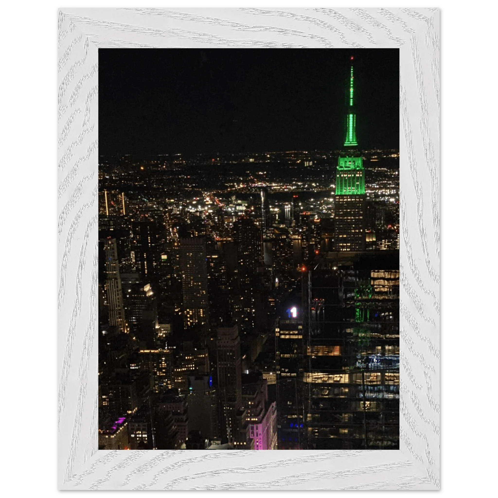 Wood-mounted framed poster of NYC downtown night view with Empire State Building, part of the Travel Collection, Studio Edition.