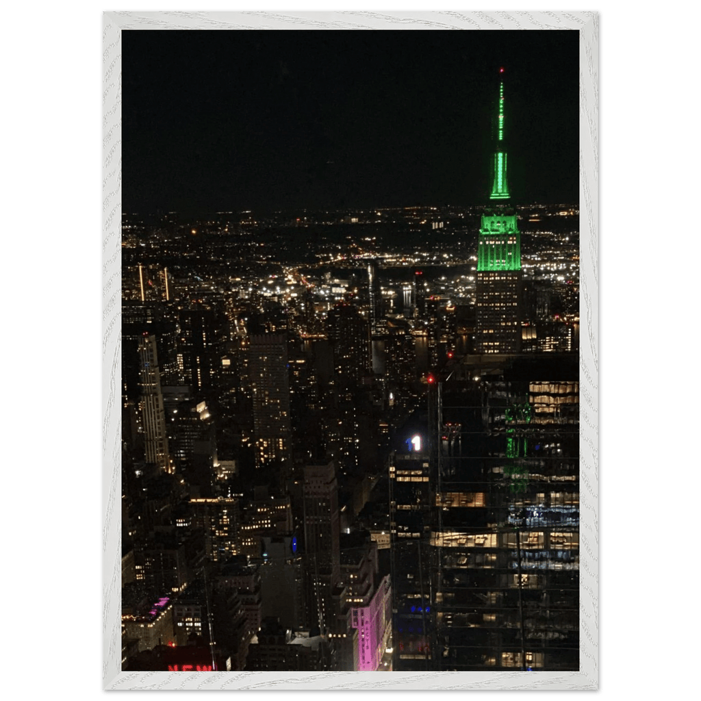 Premium wood-mounted framed poster of NYC Downtown night view with Empire State Building, part of the Travel Collection by My Store.