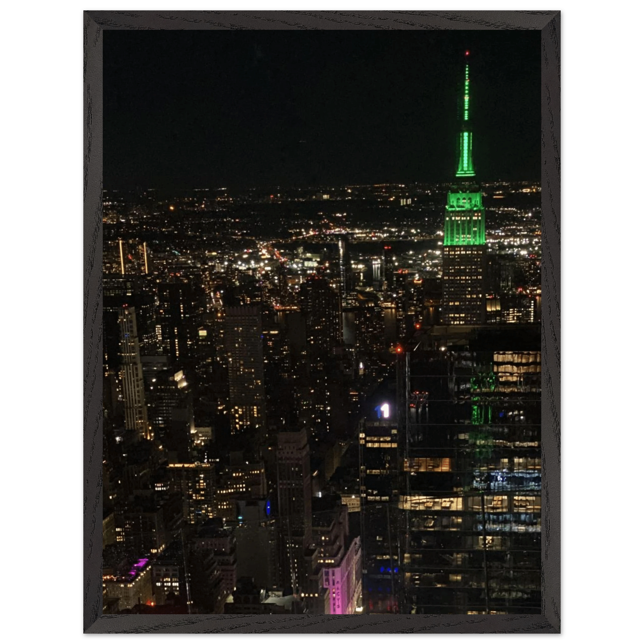 Premium wood-mounted framed poster of NYC downtown night view with Empire State Building, 15x20 cm print, white frame, Studio Edition.