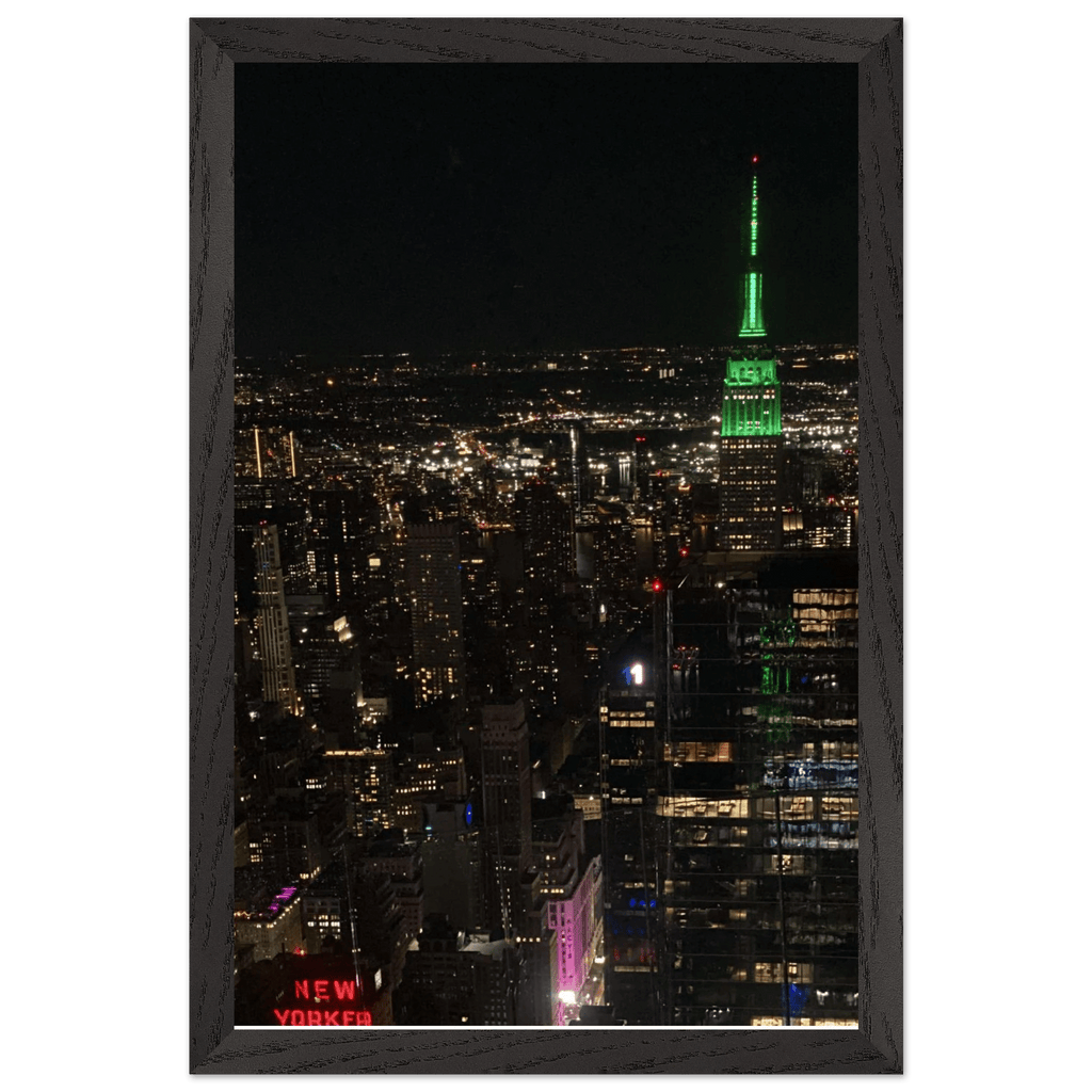 Wood-mounted framed poster of NYC downtown night view with Empire State Building, part of the Travel Collection, Studio Edition.