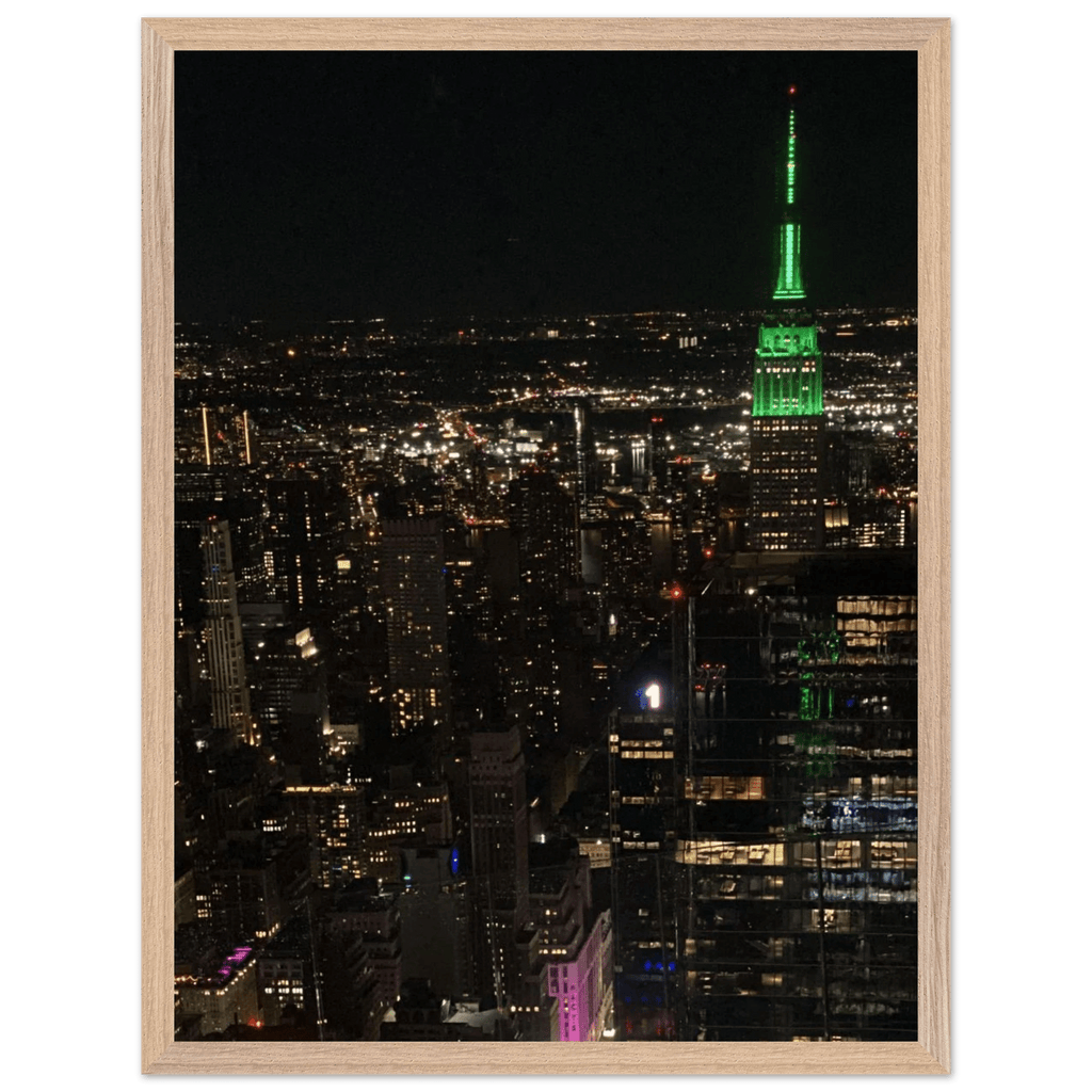 Wood-mounted framed poster of NYC downtown night view featuring Empire State Building, part of the Travel Collection by My Store.
