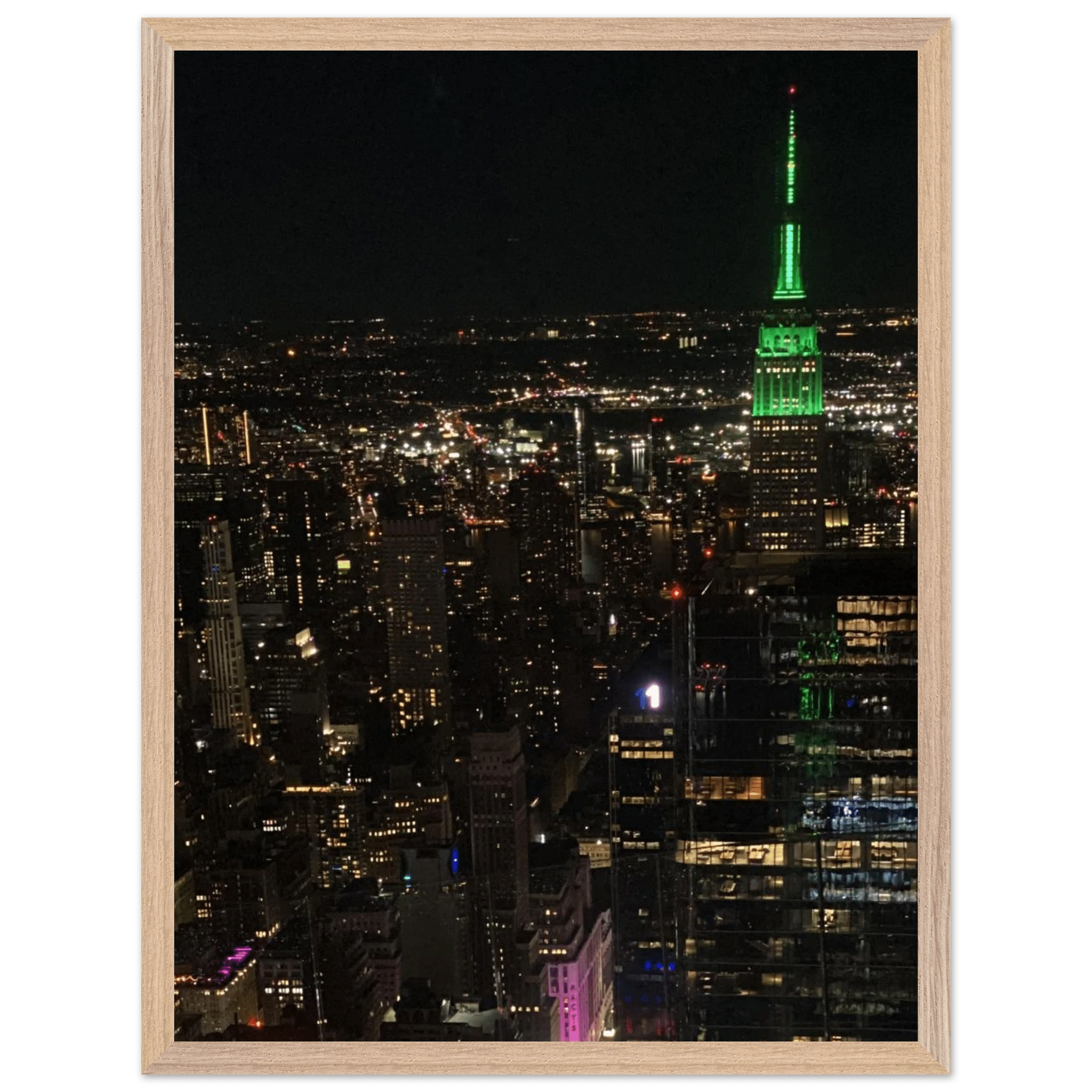Wood-mounted framed poster of NYC downtown night view featuring Empire State Building, part of the Travel Collection by My Store.