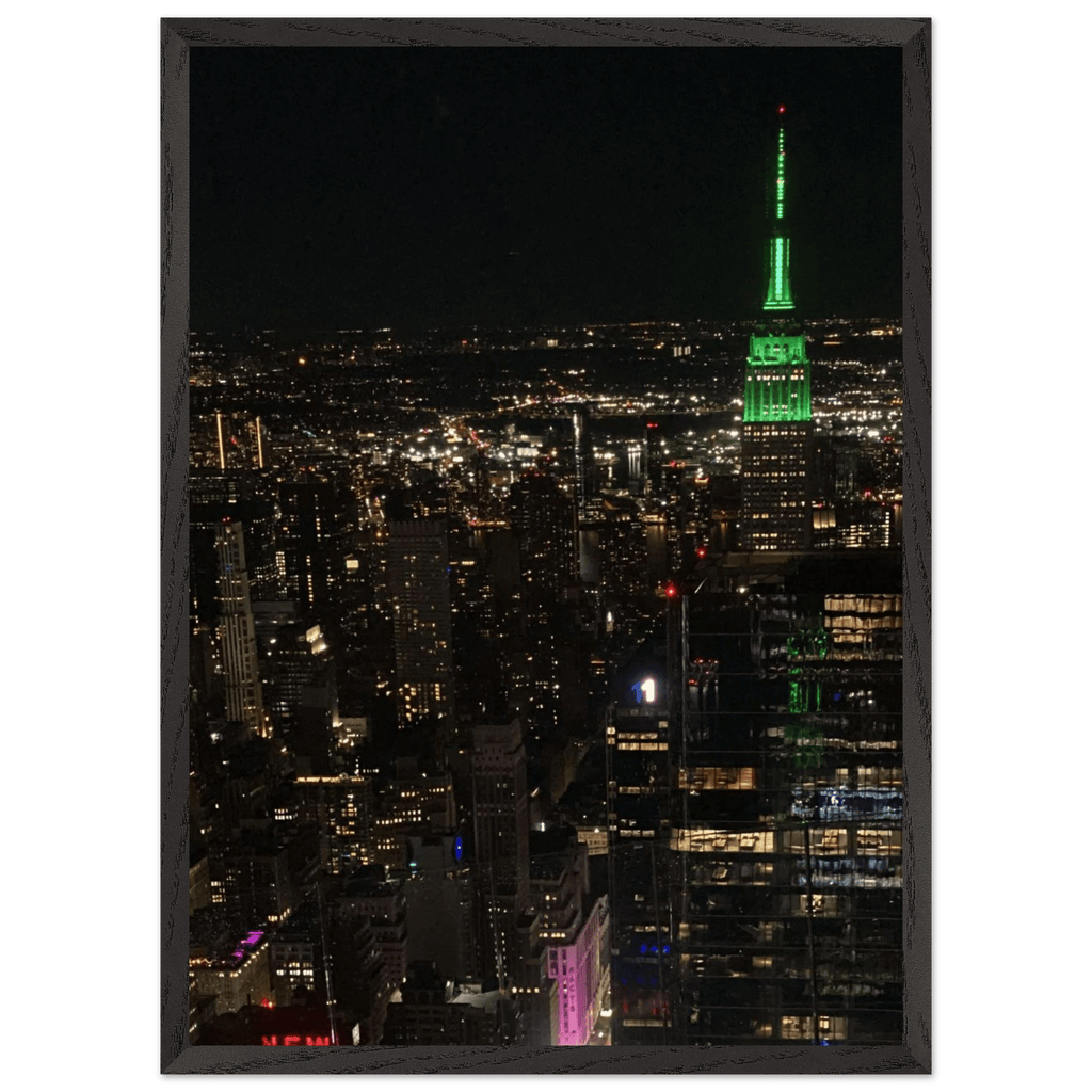 Premium wood-mounted framed poster of NYC downtown night view with Empire State Building, 15x20 cm print, white frame, Studio Edition.