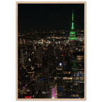 Premium wood-mounted framed poster of NYC downtown night view with Empire State Building, 15x20 cm print in white frame.