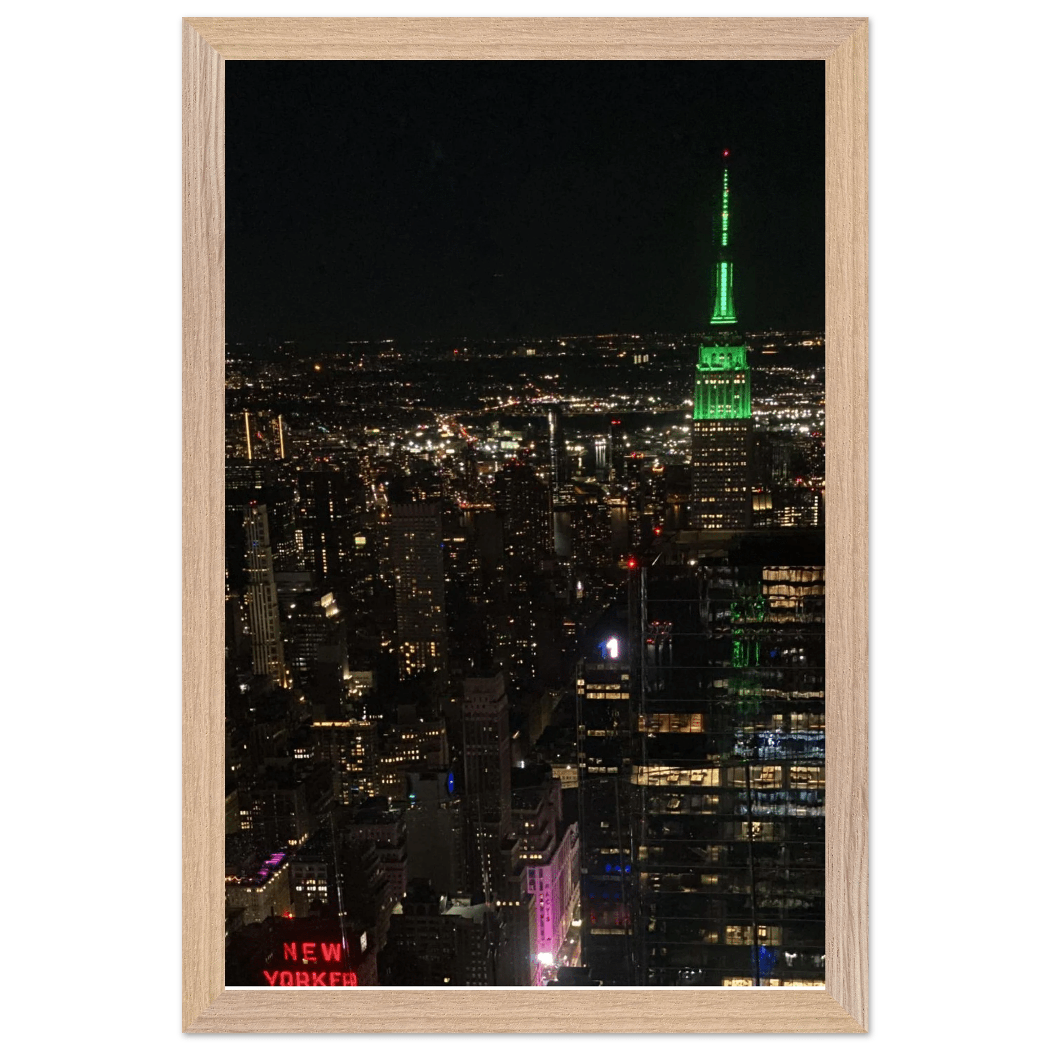 Premium wood-mounted framed poster of NYC downtown night view with Empire State Building, part of the Studio Edition Travel Collection.