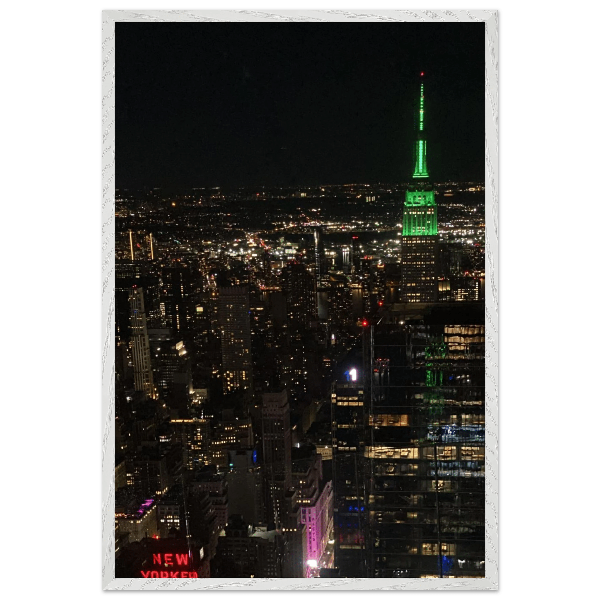 Premium wood-mounted framed poster of NYC Downtown at night with Empire State Building, part of the Travel Collection by My Store.