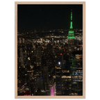 Premium wood-mounted framed poster of NYC downtown night view with Empire State Building, 15x20 cm print with white frame.