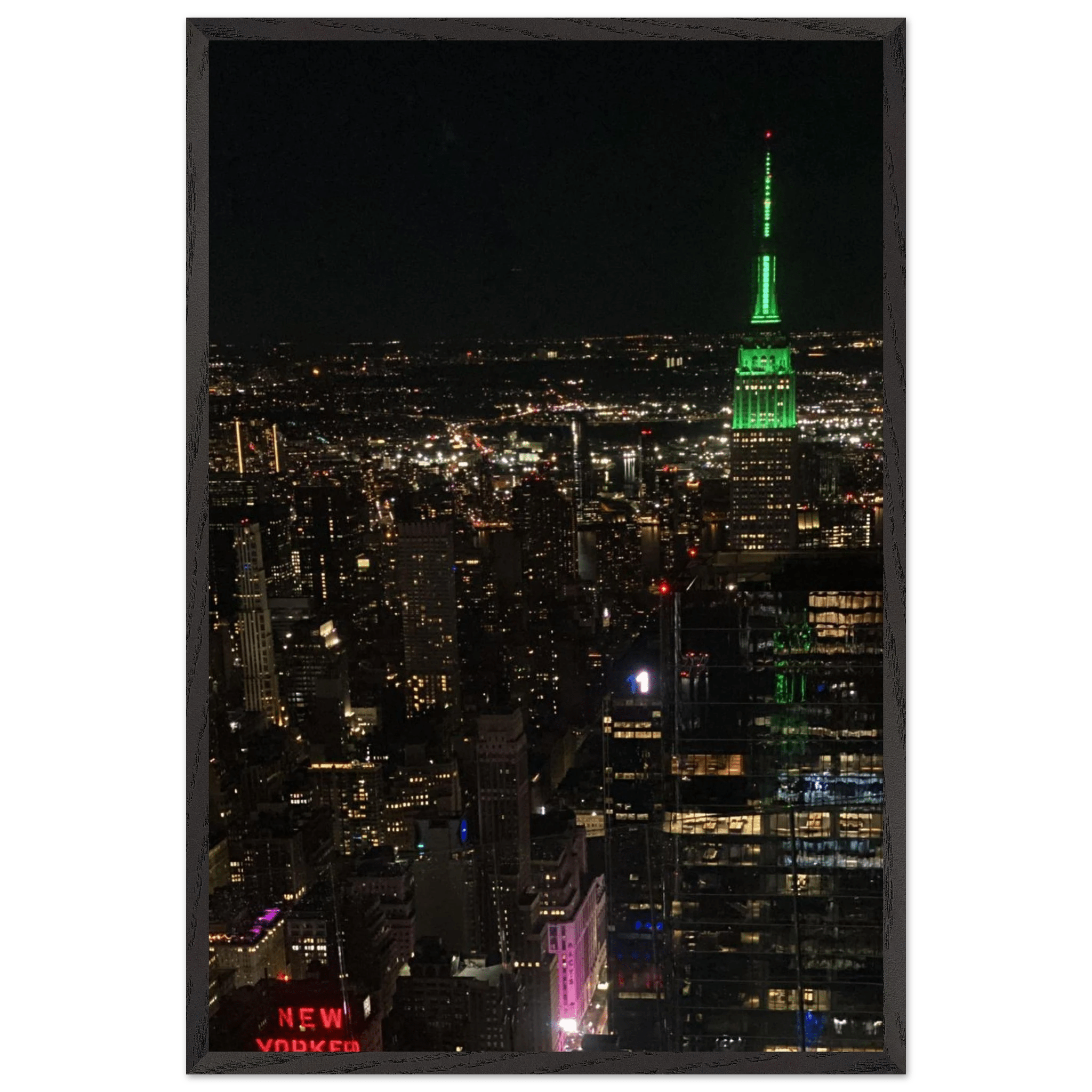Wood-mounted framed poster of NYC Downtown night view with Empire State Building, part of the Studio Edition Travel Collection.