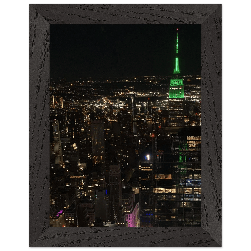 Premium wood-mounted framed poster of NYC downtown night view with Empire State Building, 15x20 cm print in white frame.