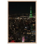 Premium wood-mounted framed poster of NYC downtown night view with Empire State Building, 15x20cm print in white frame.