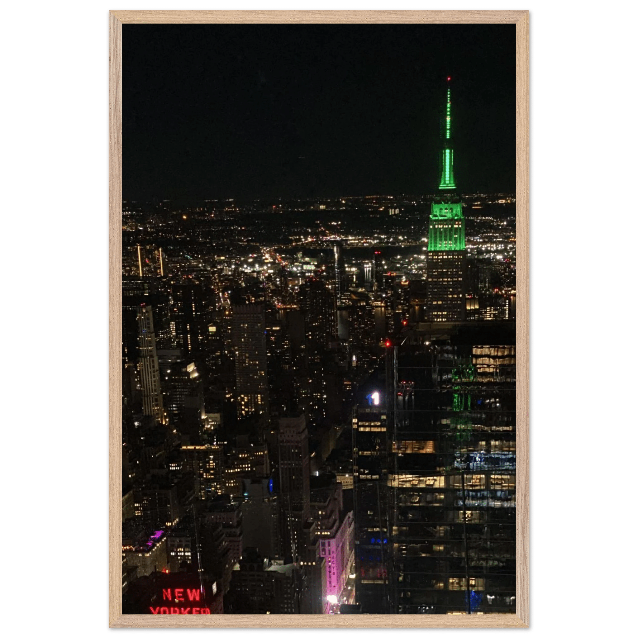 Premium wood-mounted framed poster of NYC downtown night view with Empire State Building, 15x20cm print in white frame.